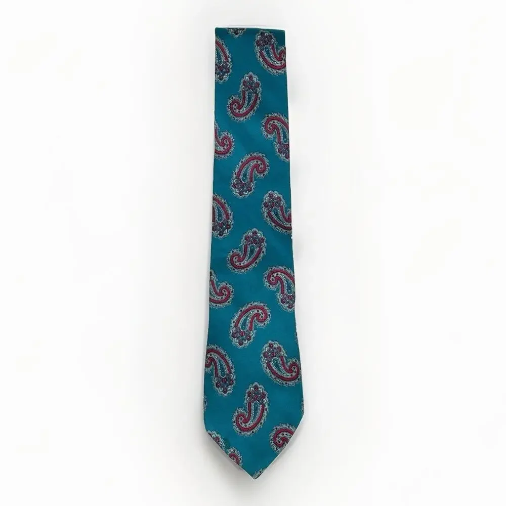Vtg Christian Dior All Silk Neck Tie Teal Green Red Paisley